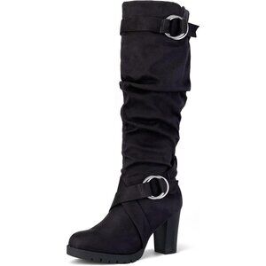 Women Black Knee High Fashion Chunky Block Heel Side Zipper Warm Winter Boot